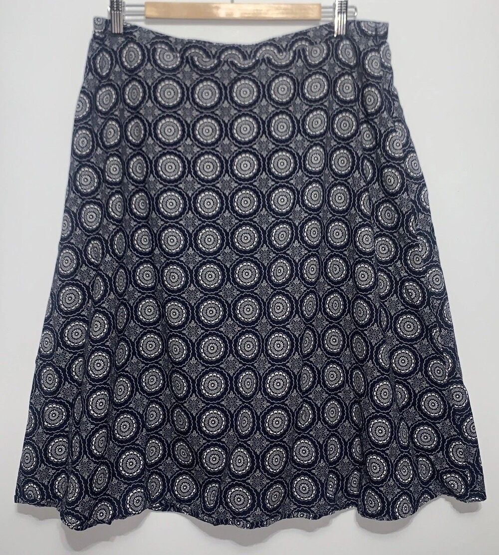 Lands' End Skirt Women's Sz 14 A-Line Below Knee Navy Blue White Geo Print